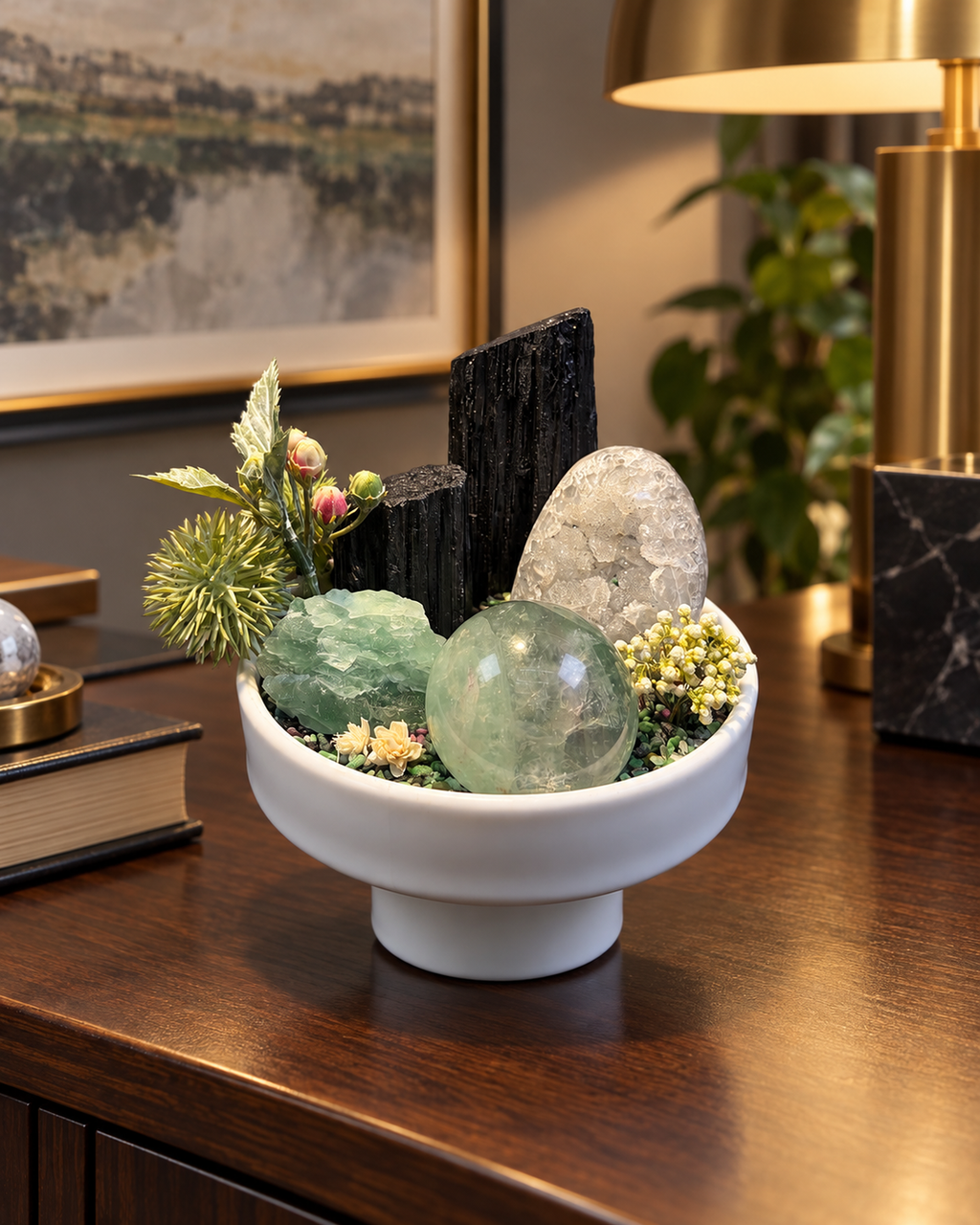 Verdant Clarity crystal garden styled on an executive office credenza