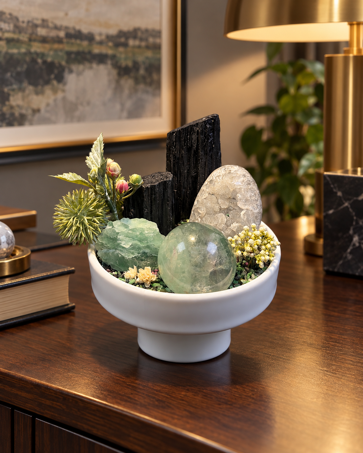 Verdant Clarity crystal garden styled on an executive office credenza