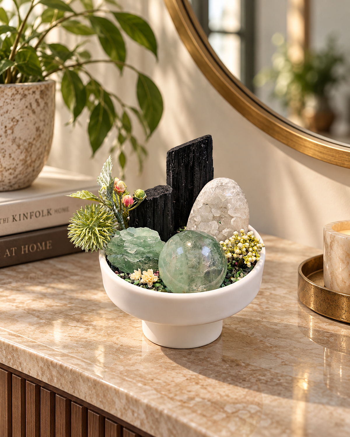 Verdant Clarity crystal garden styled on a sunlit entryway console