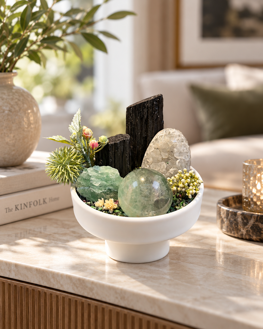 Verdant Clarity crystal garden styled in a bright modern living space
