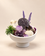 Violet Reverie amethyst and smoky quartz crystal garden on a warm ivory background