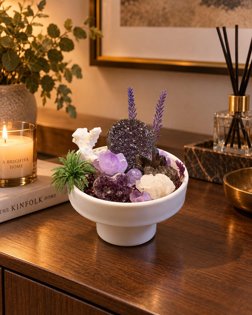 Violet Reverie crystal garden styled on an elegant dining sideboard
