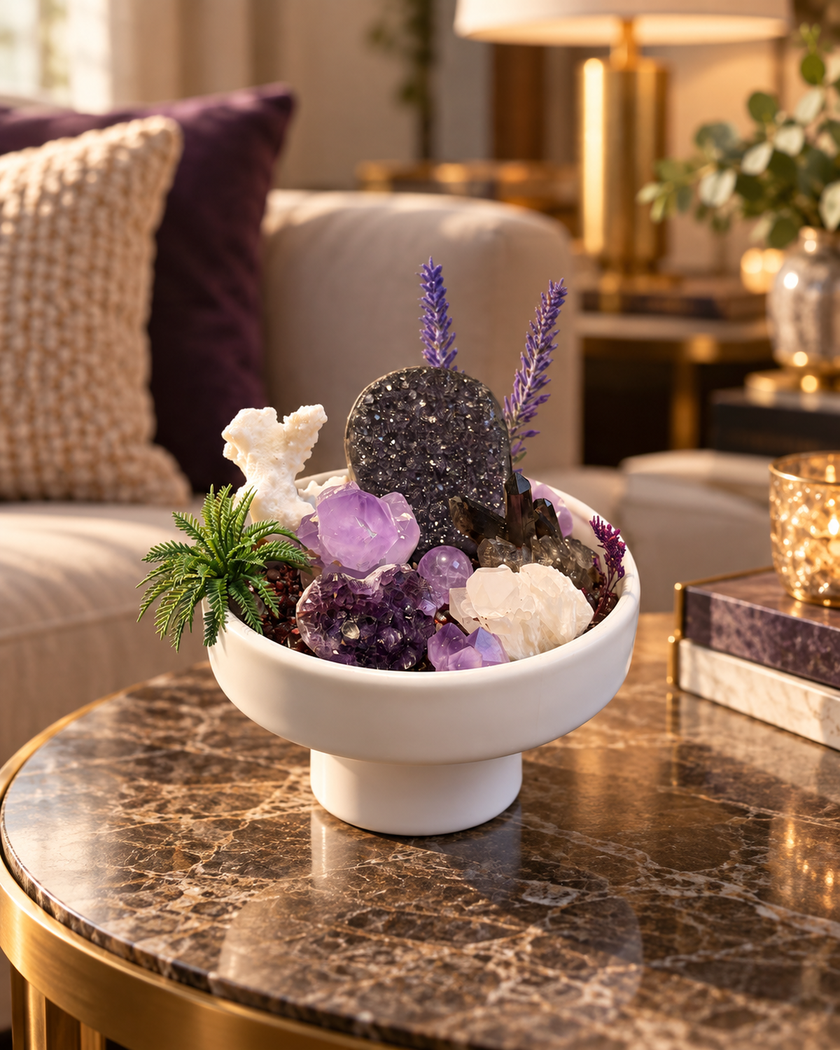 Violet Reverie crystal garden styled on a marble table in a warm living room