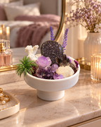 Violet Reverie crystal garden styled on an elegant bedroom vanity