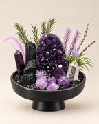 Purple Citadel — Amethyst & Black Tourmaline Crystal Garden on a soft neutral background