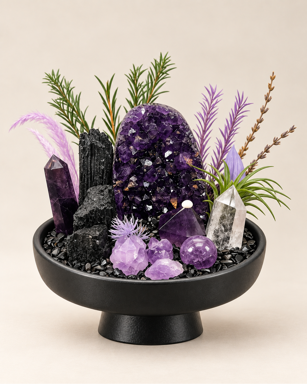 Purple Citadel — Amethyst & Black Tourmaline Crystal Garden on a soft neutral background