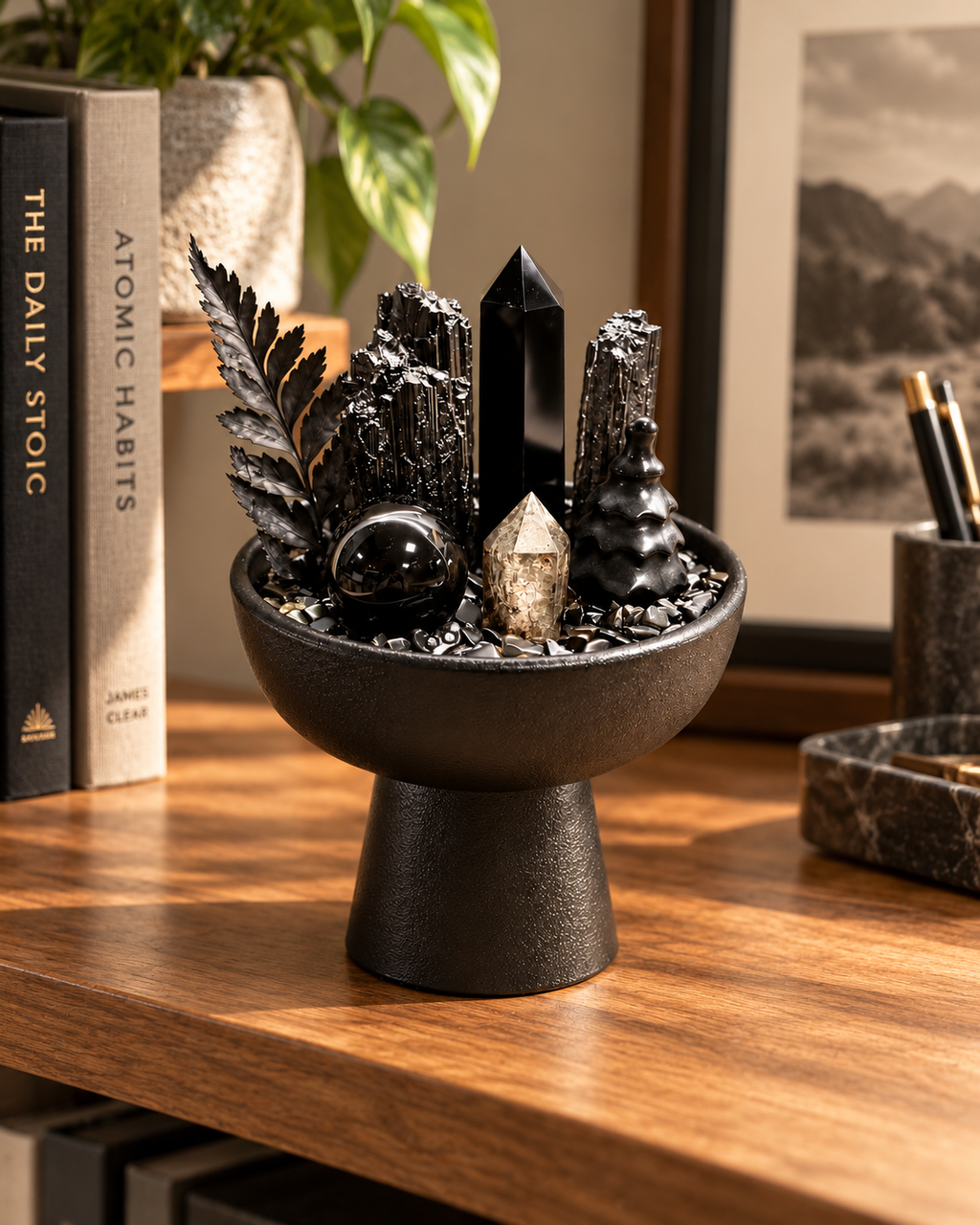 Obsidian Bastion — Black Tourmaline & Black Obsidian Crystal Garden