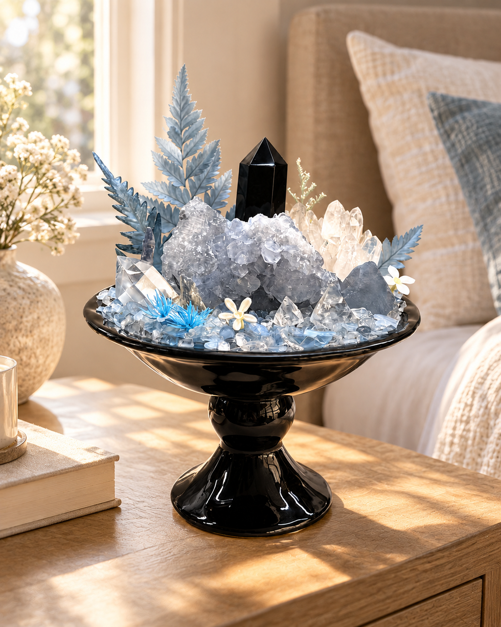 Midnight Frost — Celestite & Black Obsidian Crystal Garden