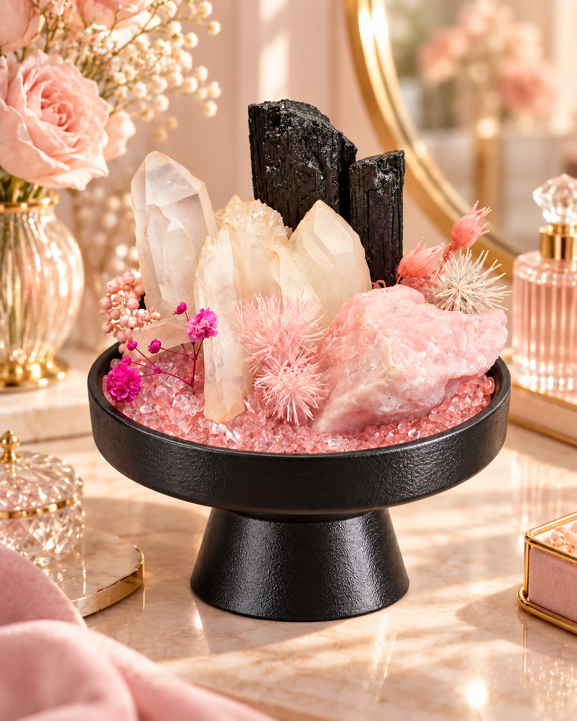 Blush Contrast — Clear Quartz & Black Tourmaline Crystal Garden