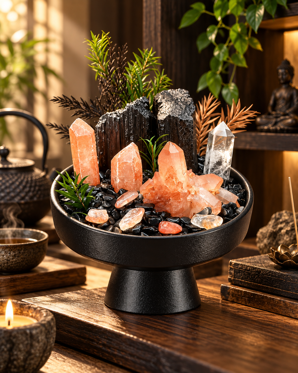Peach Bastion — Black Tourmaline & Clear Quartz Crystal Garden