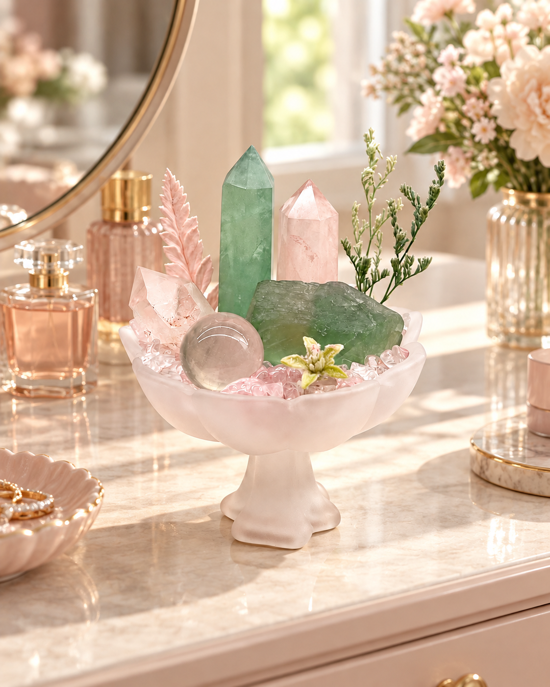 Blush Evergreen — Green Fluorite & Rose Quartz Crystal Garden