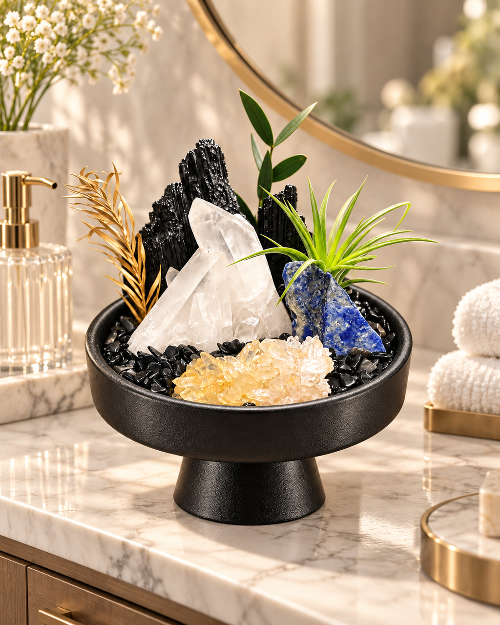Sapphire Edge — Black Tourmaline & Clear Quartz Crystal Garden
