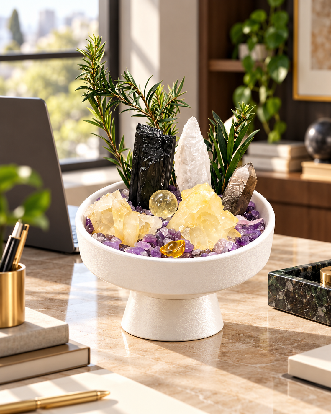 Golden Shadow — Black Tourmaline & Smoky Quartz Crystal Garden