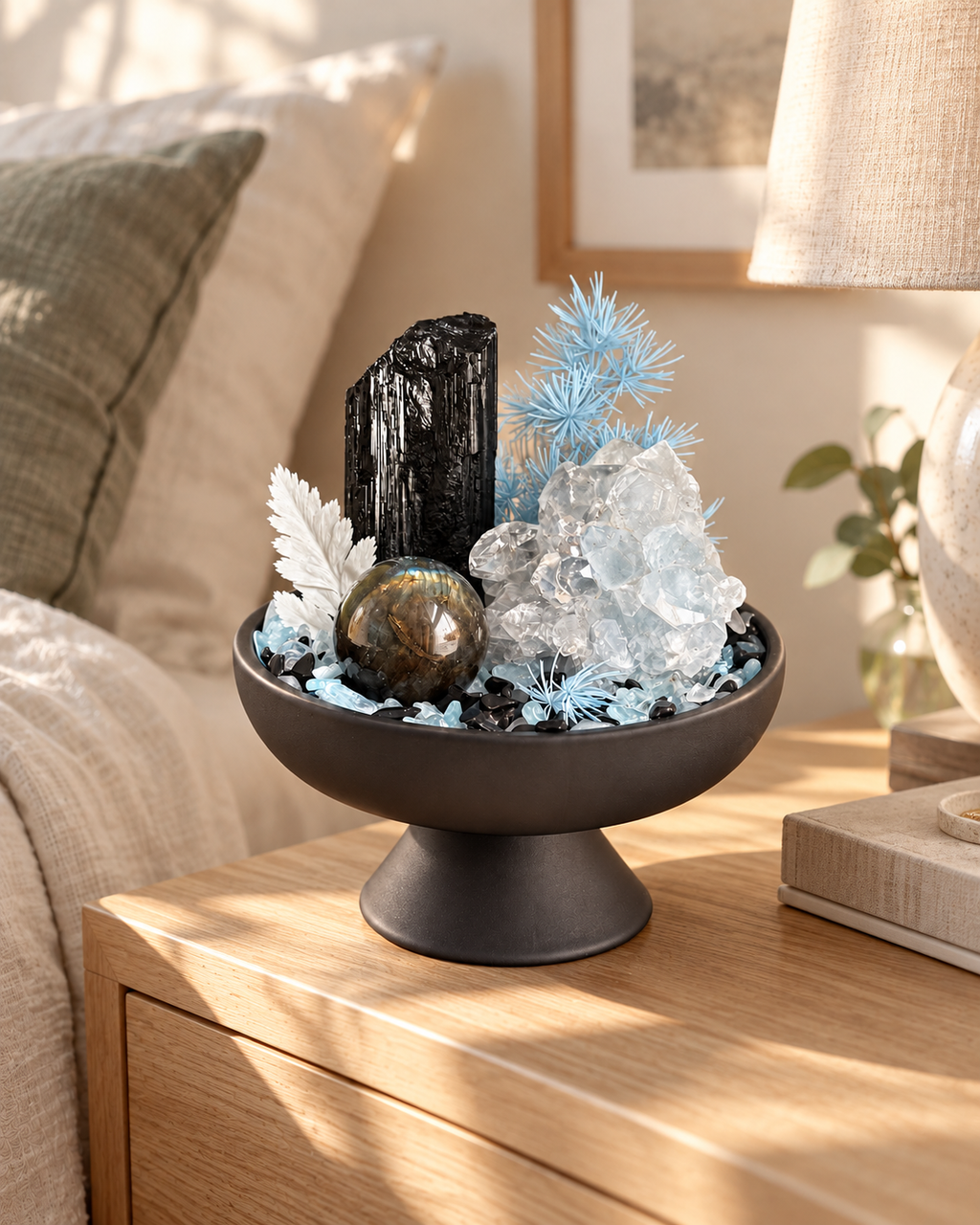 Gilded Guardian — Black Tourmaline & Clear Quartz Crystal Garden