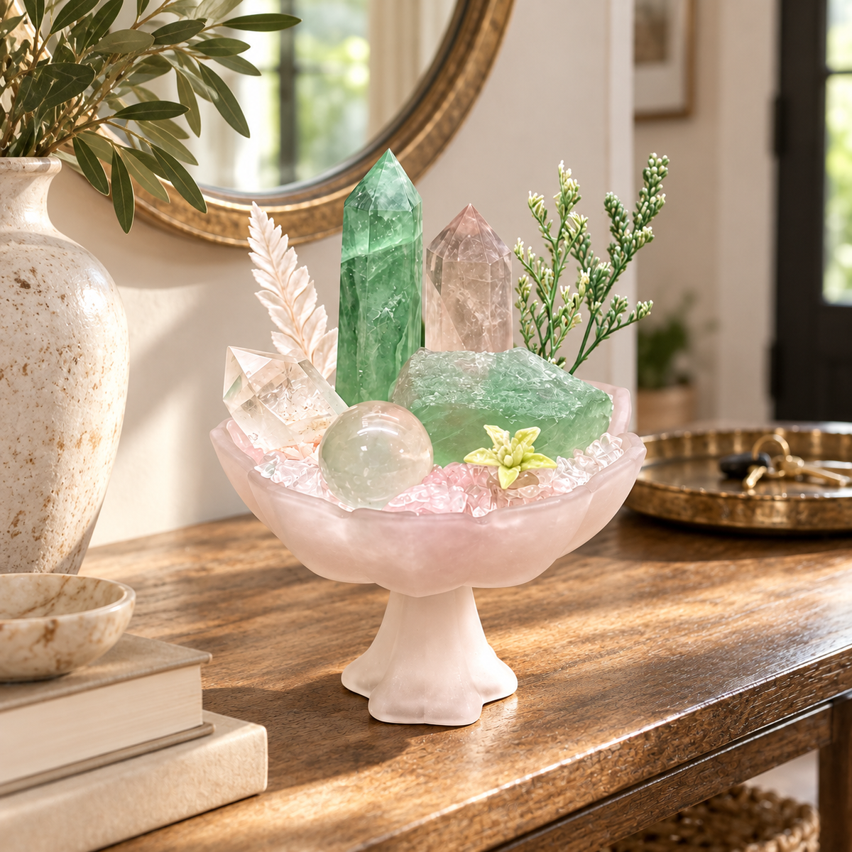 Verdant Dawn — Green Fluorite & Clear Quartz Crystal Garden