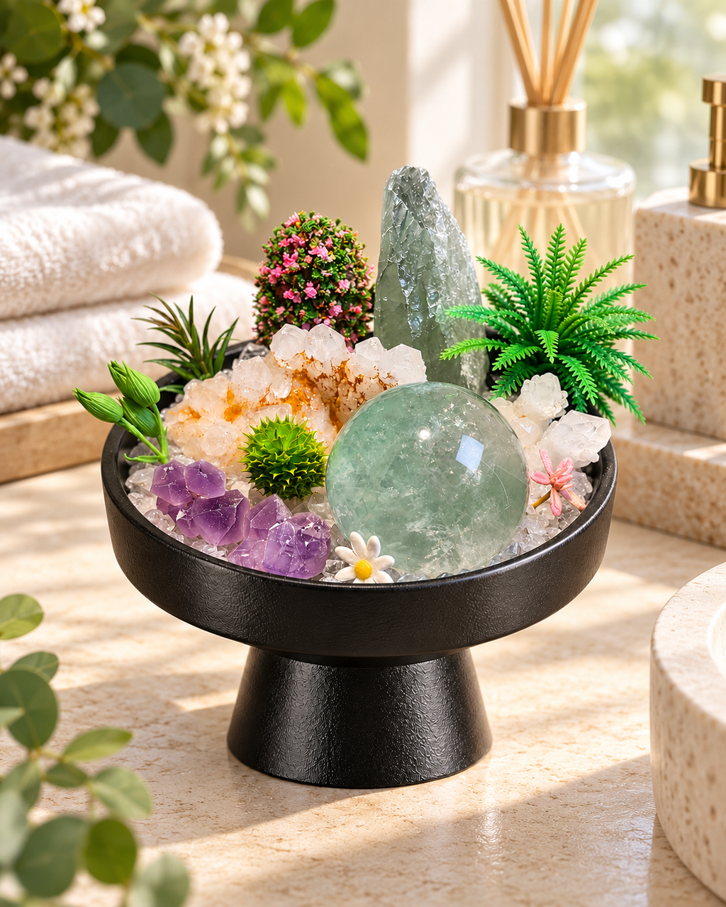 Verdant Orb — Clear Quartz & Amethyst Crystal Garden
