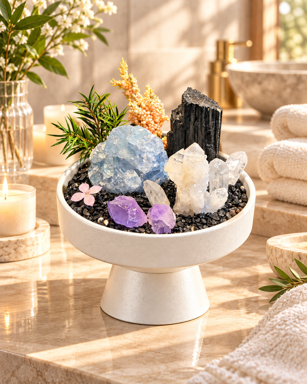 Arctic Contrast — Black Tourmaline & Clear Quartz Crystal Garden