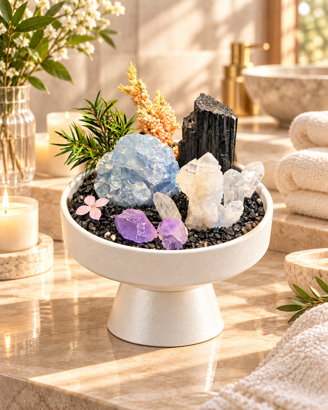 Arctic Contrast — Black Tourmaline & Clear Quartz Crystal Garden