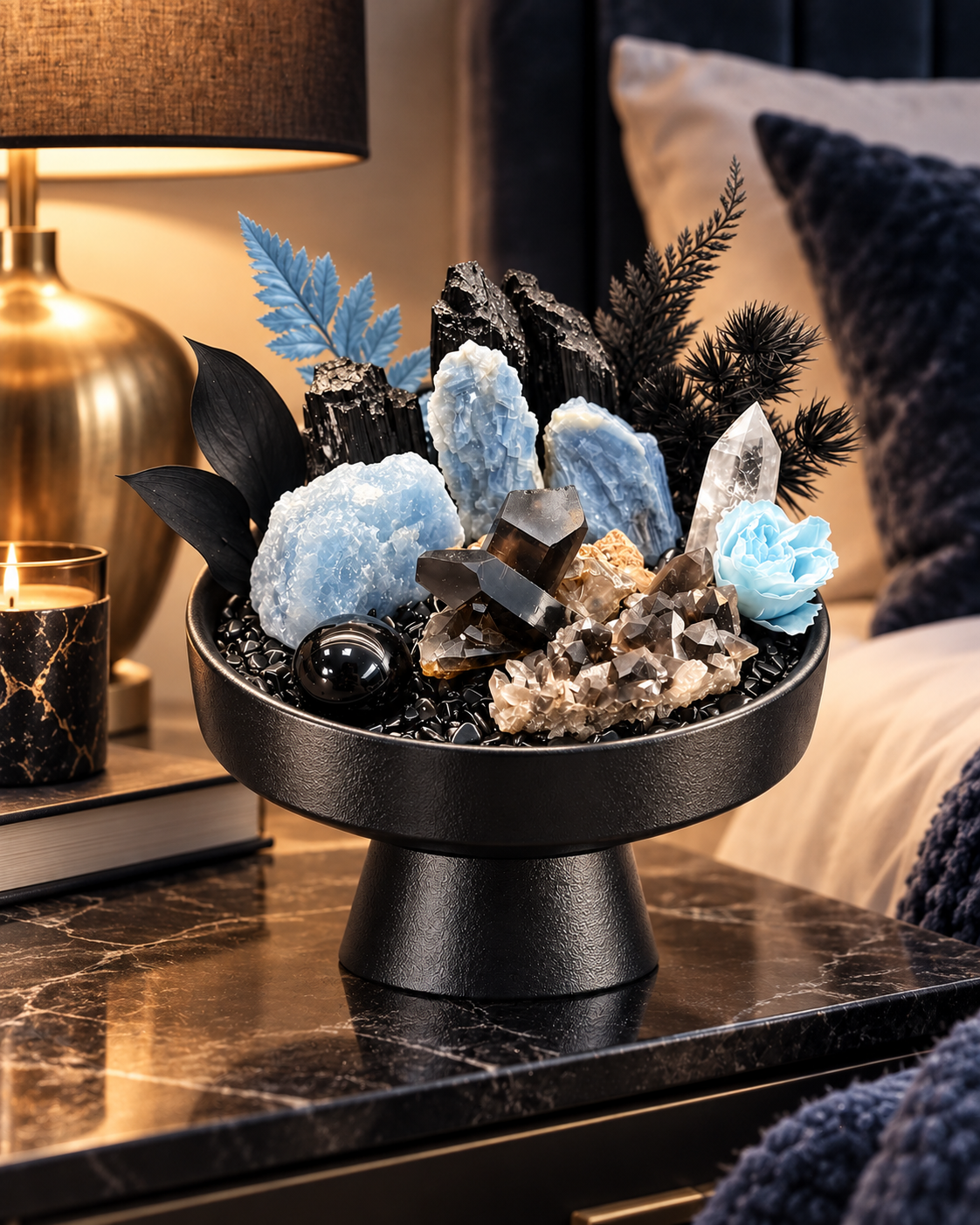 Arctic Night — Black Tourmaline & Smoky Quartz Crystal Garden