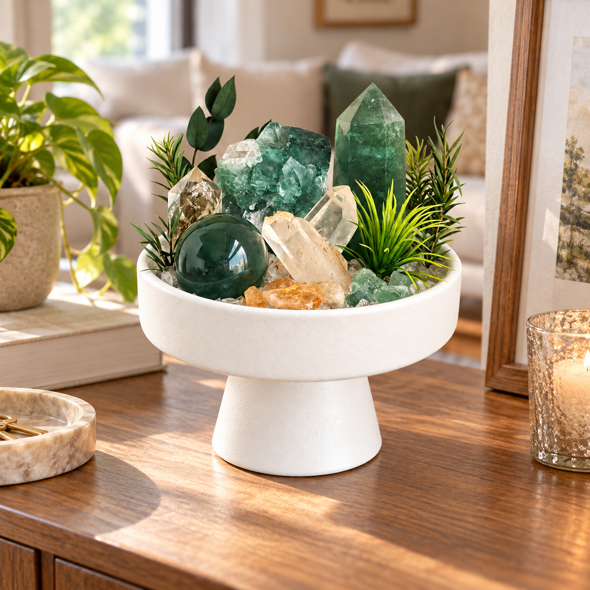 Emerald Current — Green Fluorite & Clear Quartz Crystal Garden