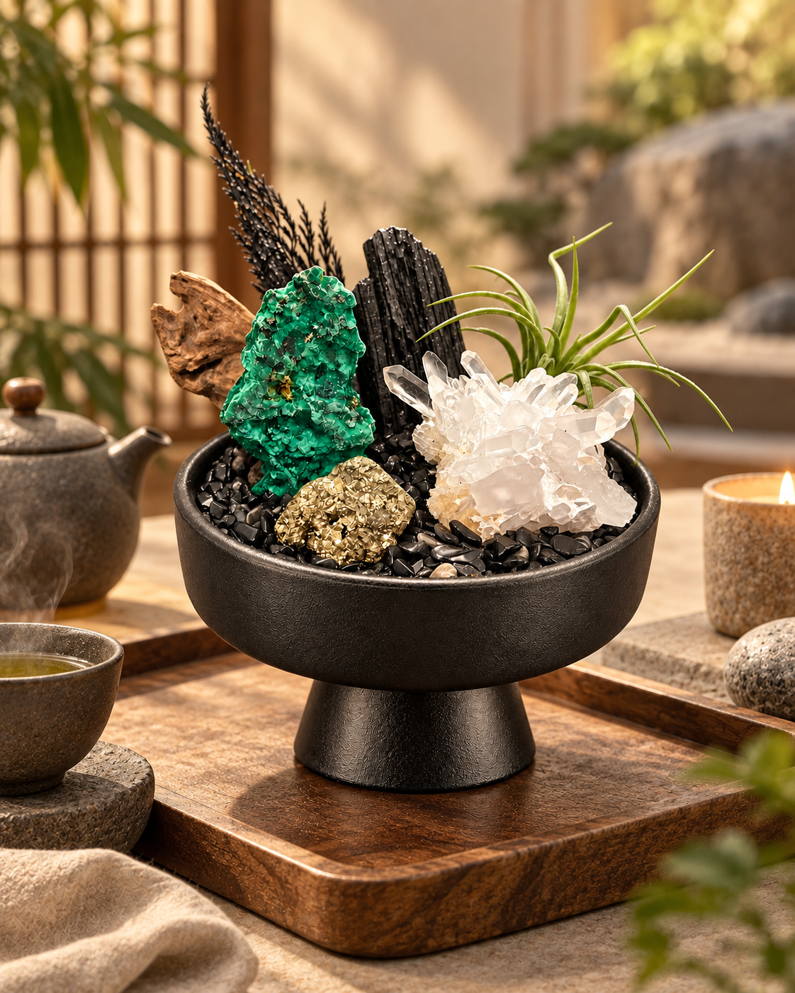 Verdant Forge — Black Tourmaline & Clear Quartz Crystal Garden