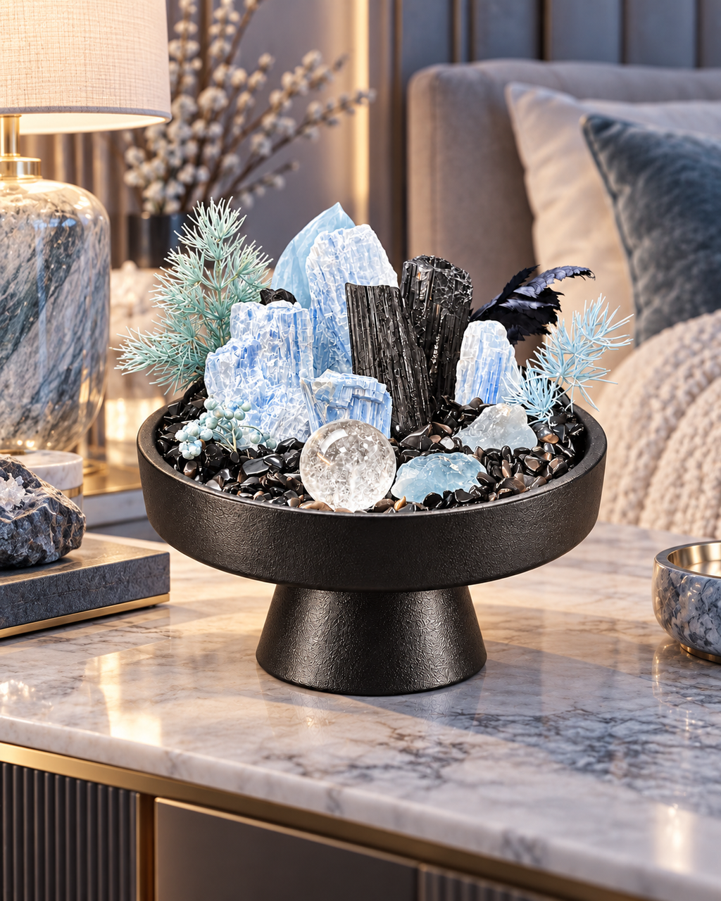 Icy Sentinel — Black Tourmaline & Clear Quartz Crystal Garden