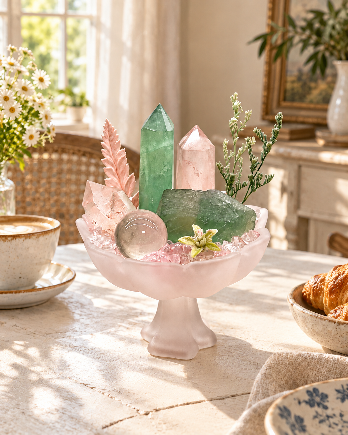 Blush Evergreen — Green Fluorite & Rose Quartz Crystal Garden