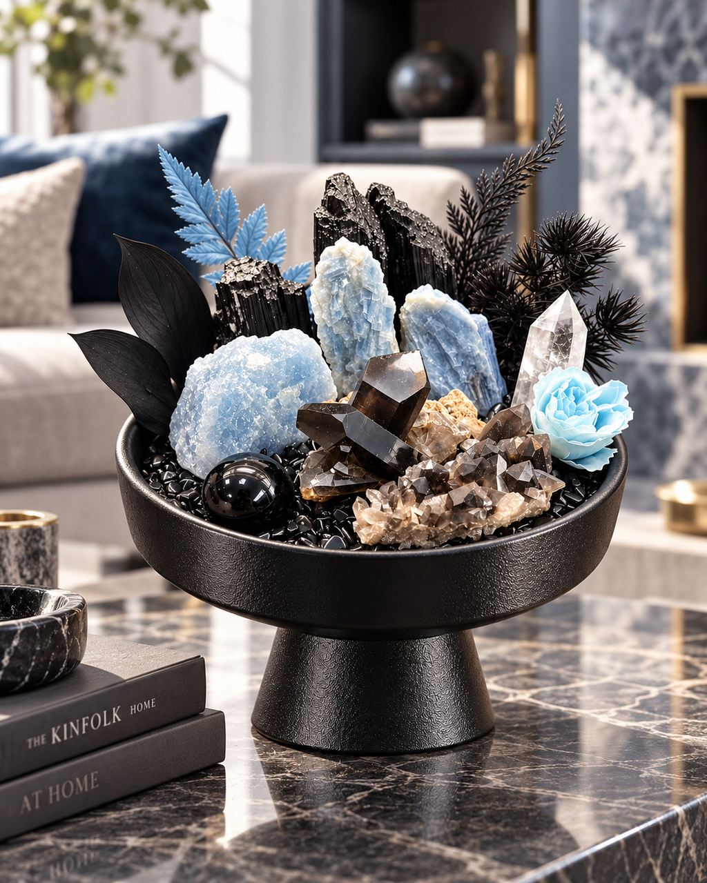 Arctic Night — Black Tourmaline & Smoky Quartz Crystal Garden