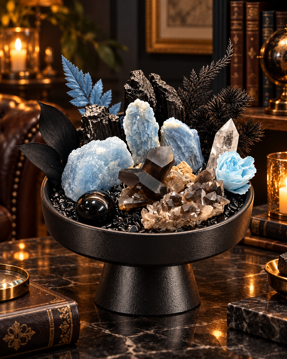 Arctic Night — Black Tourmaline & Smoky Quartz Crystal Garden