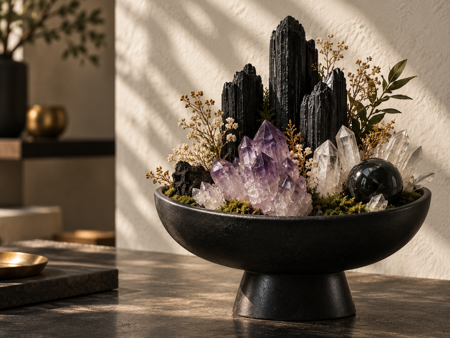 Sculptural crystal garden with dark mineral towers, amethyst and clear quartz in a black pedestal bowl, lit by warm natural sunlight